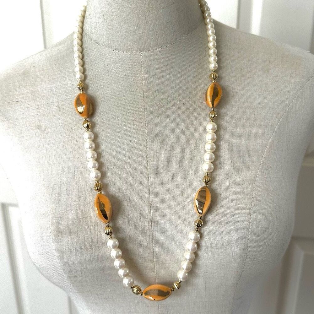 Faux pearl gold tone accent bead necklace - Picture 1 of 7